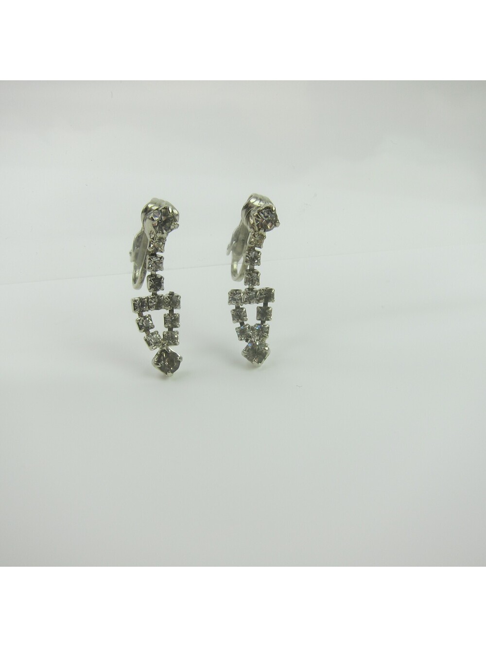 Vintage Rhinestone Clip On Earrings Triangle Dangle Drop Retro Estate Jewelry